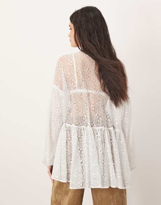 ARRANGE sheer delicate lace volume blouse in light blue
