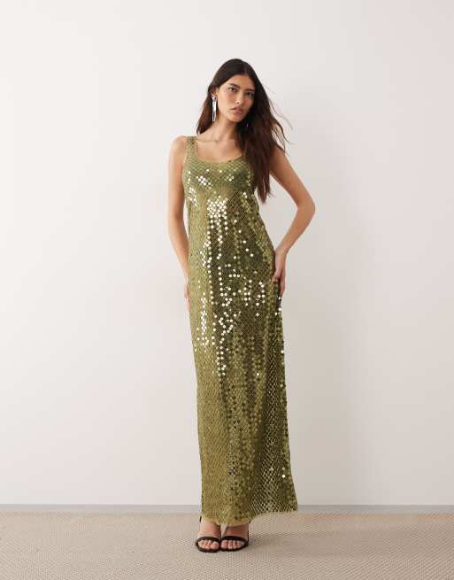 ARRANGE sheer disc sequin maxi singlet dress in olive green, 2 of 4