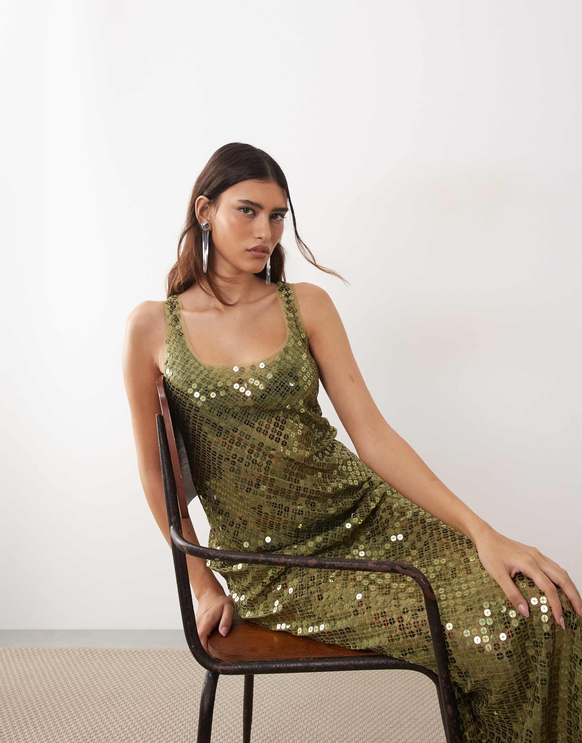 arrange sheer disc sequin maxi tank dress in olive green