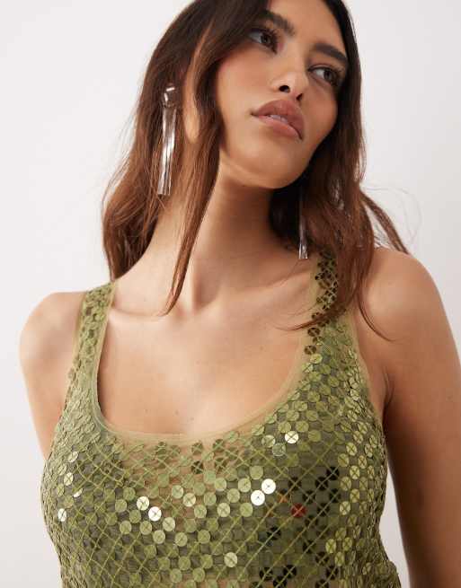 ARRANGE sheer disc sequin maxi vest dress in olive green, 4 of 4