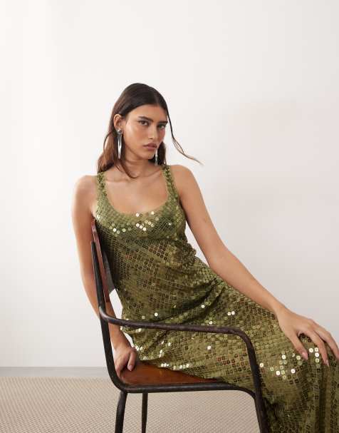 ARRANGE sheer disc sequin midi tank dress in olive green - view 1
