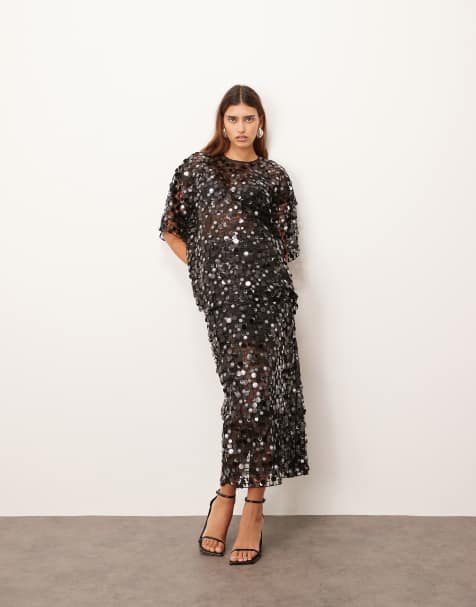 ARRANGE sheer grid sequin  maxi skirt co ord in black