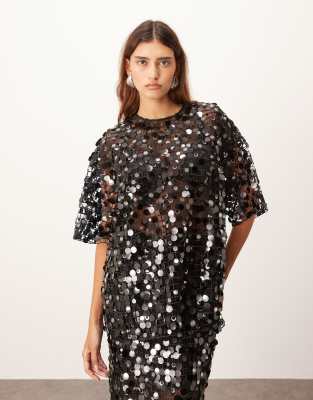 ARRANGE ARRANGE sheer grid sequin tee co ord in black