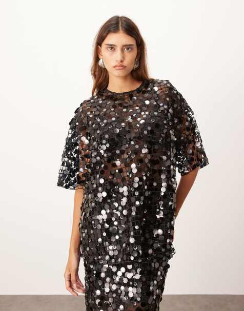 ARRANGE sheer grid sequin tee co ord  in black - view 1