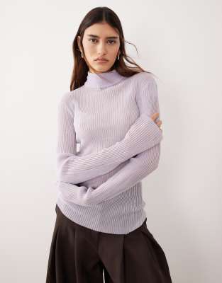 Arrange Sheer Knit Long Sleeve High Neck Top In Purple