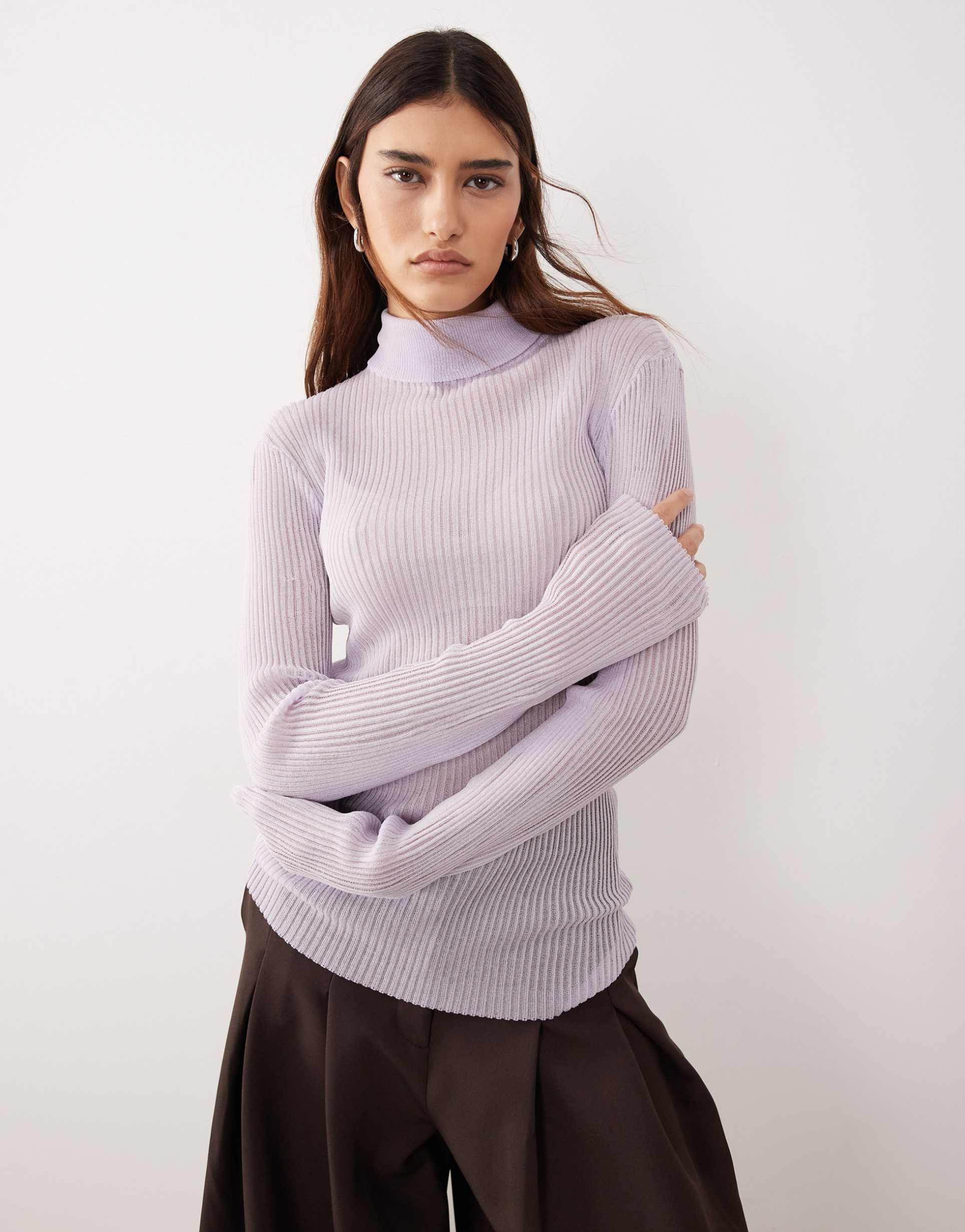 arrange sheer knit long sleeve high neck top in soft lilac