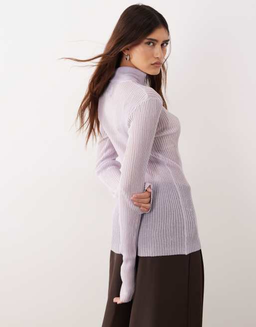 ARRANGE sheer knit long sleeve high neck top in soft lilac, 4 of 4