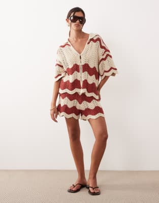 Short d'ensemble rayé au crochet - Rouille et beige-Rouge XS