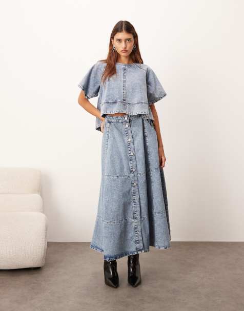 ARRANGE short sleeve seam detail top and denim button through midi skirt in mid blue wash - view 1