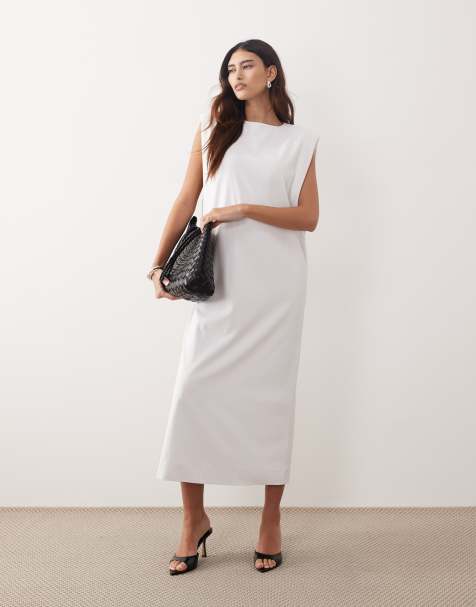 ARRANGE shoulder pad side split oversized sleeveless maxi dress in white - view 1