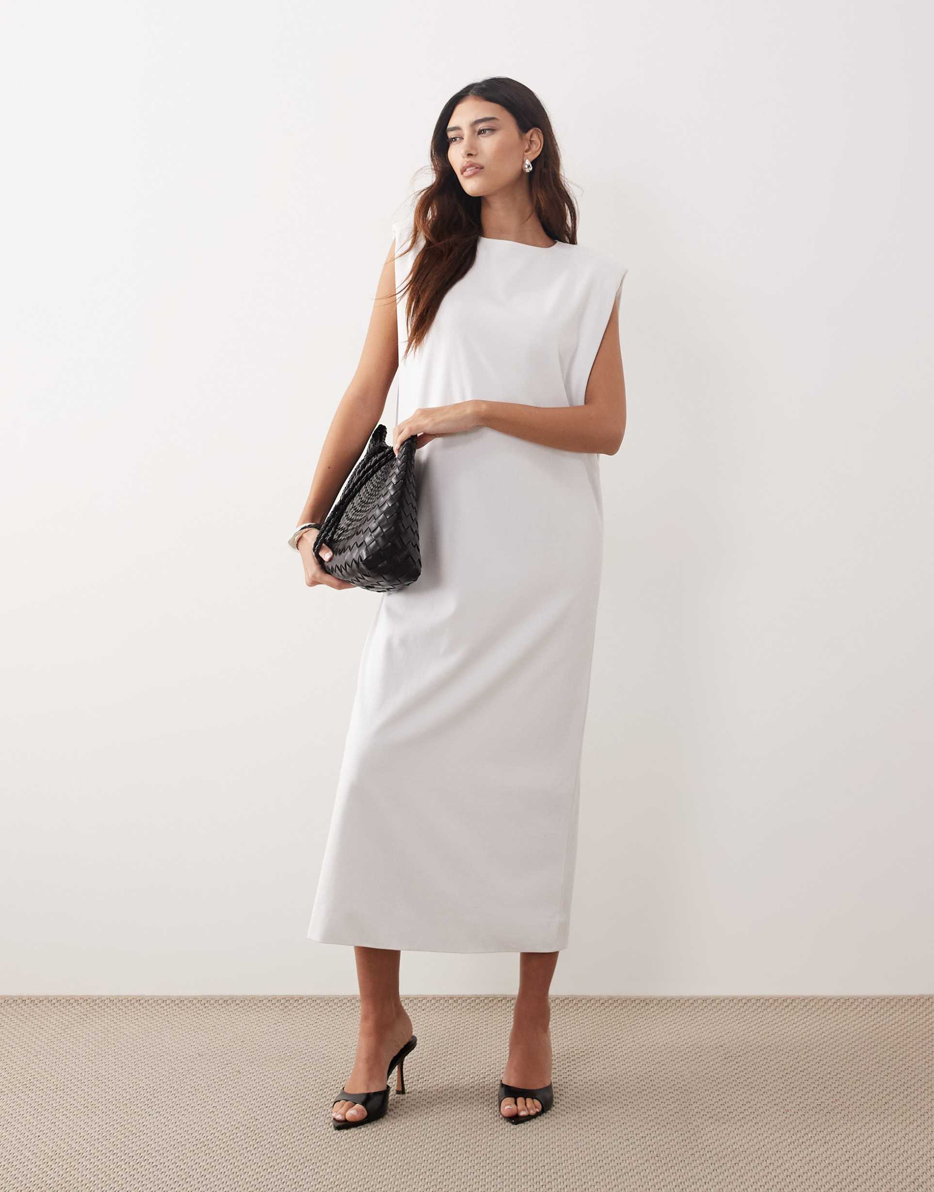 arrange shoulder pad side split oversized sleeveless maxi dress in white