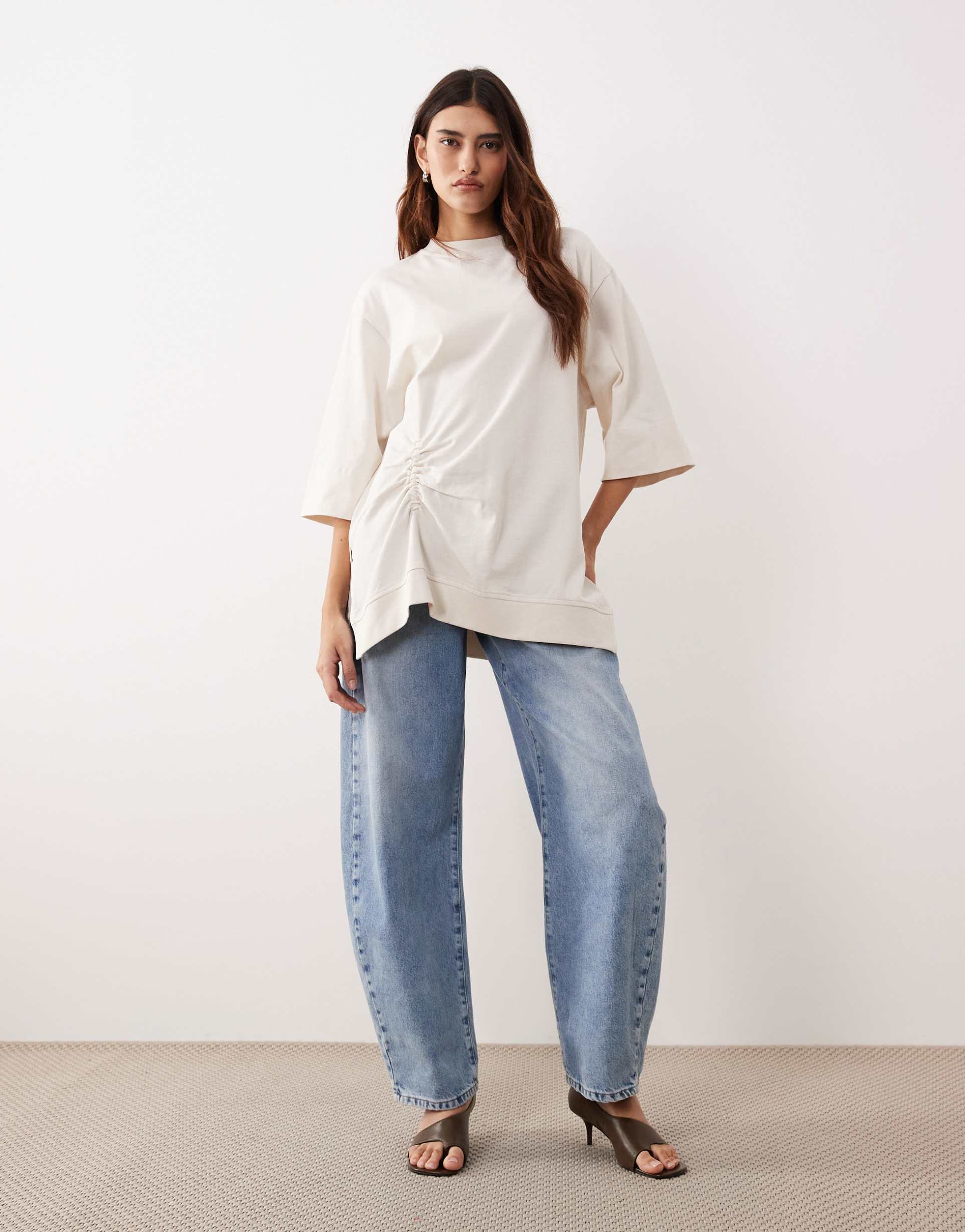 arrange side ruched detail oversized tee in ecru