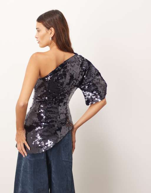 ARRANGE – Skulpturales Oberteil in Marineblau mit One-Shoulder-Träger und Pailletten, 4 von 4
