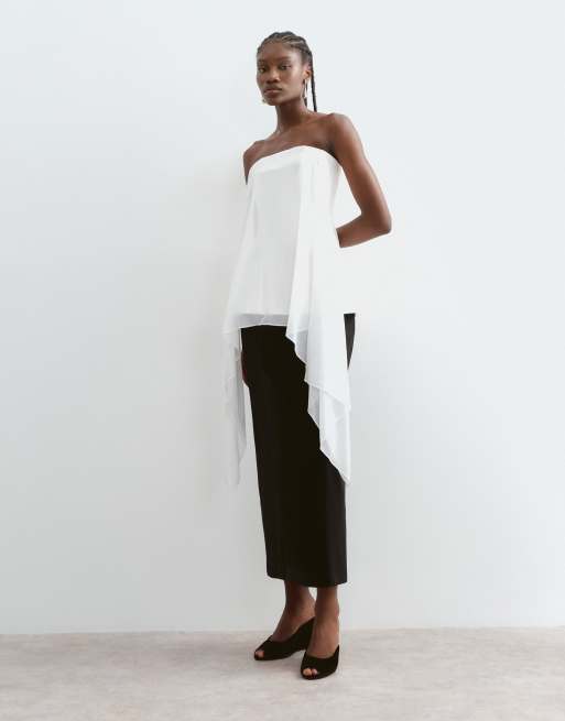 ARRANGE skulptureret bandeau-top i bonded satin med chiffonlag i elfenben, 2 af 5