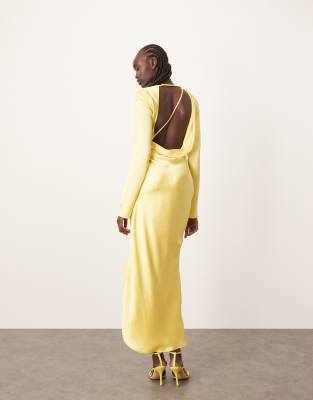 Arrange Sleek Satin Drape Maxi Dress With Open Back In Yellow