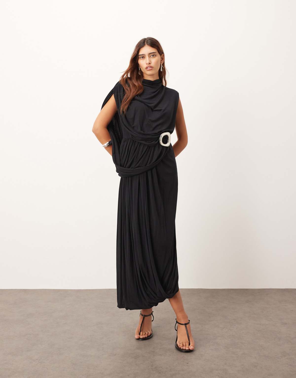 ARRANGE sleeveless draped hem midi dress with buckle trim detail in black