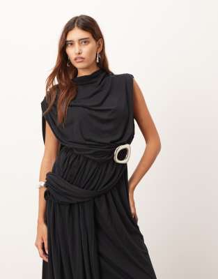 Arrange Sleeveless Draped Hem Midi Dress With Buckle Trim Detail In Black