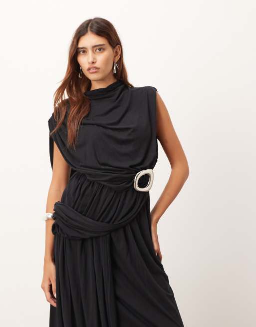 ARRANGE sleeveless draped hem midi dress with buckle trim detail in black, 2 of 4