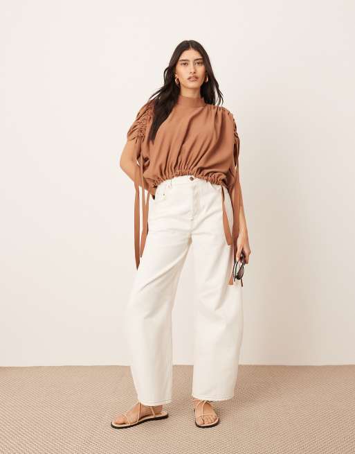 ARRANGE slouchy top with drawstring detail in mocha, 3 of 4