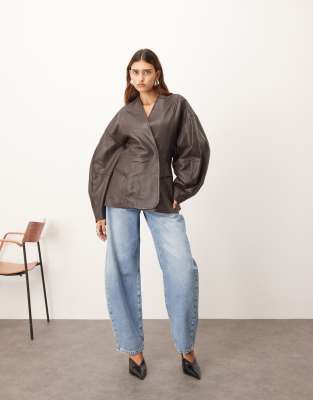 Arrange Soft Faux Leather Jacket With Cinched Waist And Ovoid Sleeves In Brown