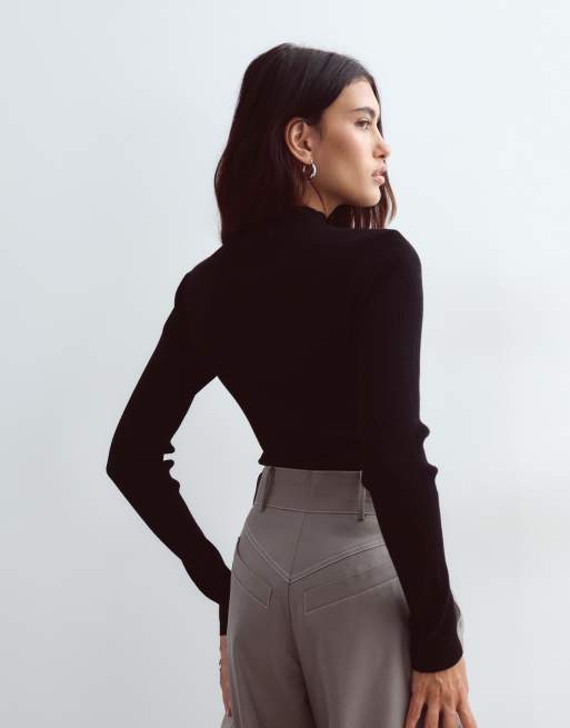 ARRANGE soft knit long sleeve bodysuit in black, 3 of 4