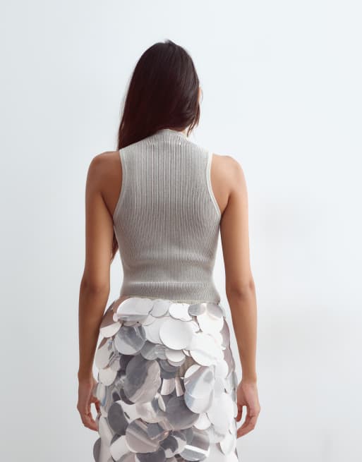ARRANGE soft knit rib longline racer bodysuit in grey, 3 of 4
