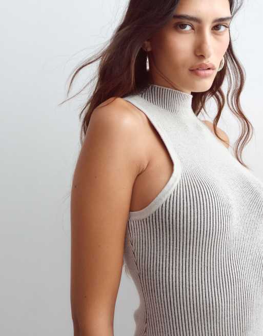 ARRANGE soft knit rib longline racer bodysuit in grey, 4 of 4