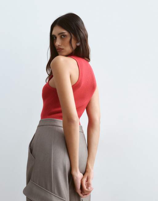 ARRANGE soft knit rib racer bodysuit in red, 3 of 4