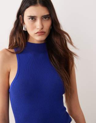 Arrange Soft Knit Ribbed Longline Racer Bodysuit In Blue