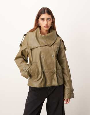 Arrange Soft Leather Double Breasted Relaxed Jacket In Green