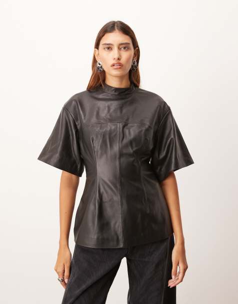 ARRANGE soft leather high neck top with nipped-in waist in black - view 1