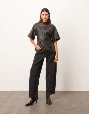 Arrange Curve Soft Leather High Neck Top With Nipped-in Waist In Black