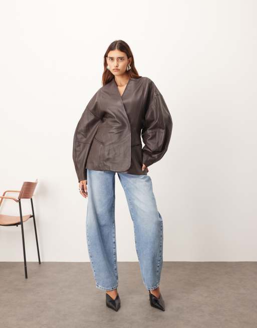 ARRANGE soft leather jacket with cinched waist and ovoid sleeve in chocolate, 2 of 4