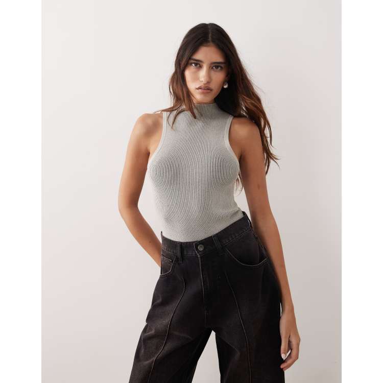 ARRANGE soft rib knit longline racer neck bodysuit in gray | ASOS