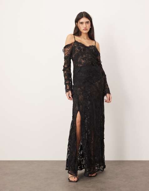 ARRANGE - Sort cold shoulder-maxikjole i broderet blondestof med slids - view 1