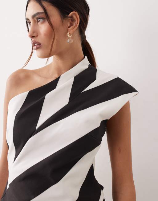 ARRANGE - Sort- og hvidstribet oneshoulder-top med draperinger, 2 af 4