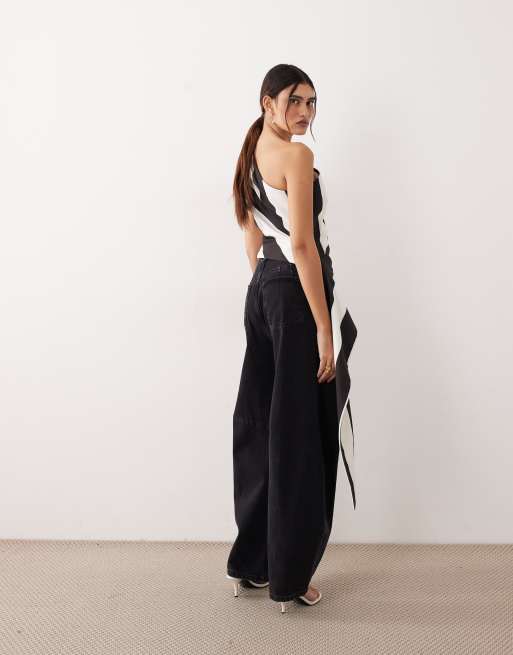 ARRANGE - Sort- og hvidstribet oneshoulder-top med draperinger, 3 af 4