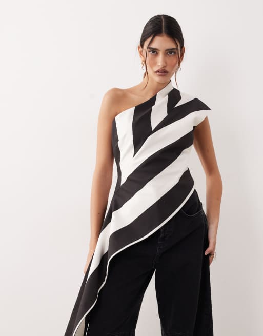 ARRANGE - Sort- og hvidstribet oneshoulder-top med draperinger, 4 af 4