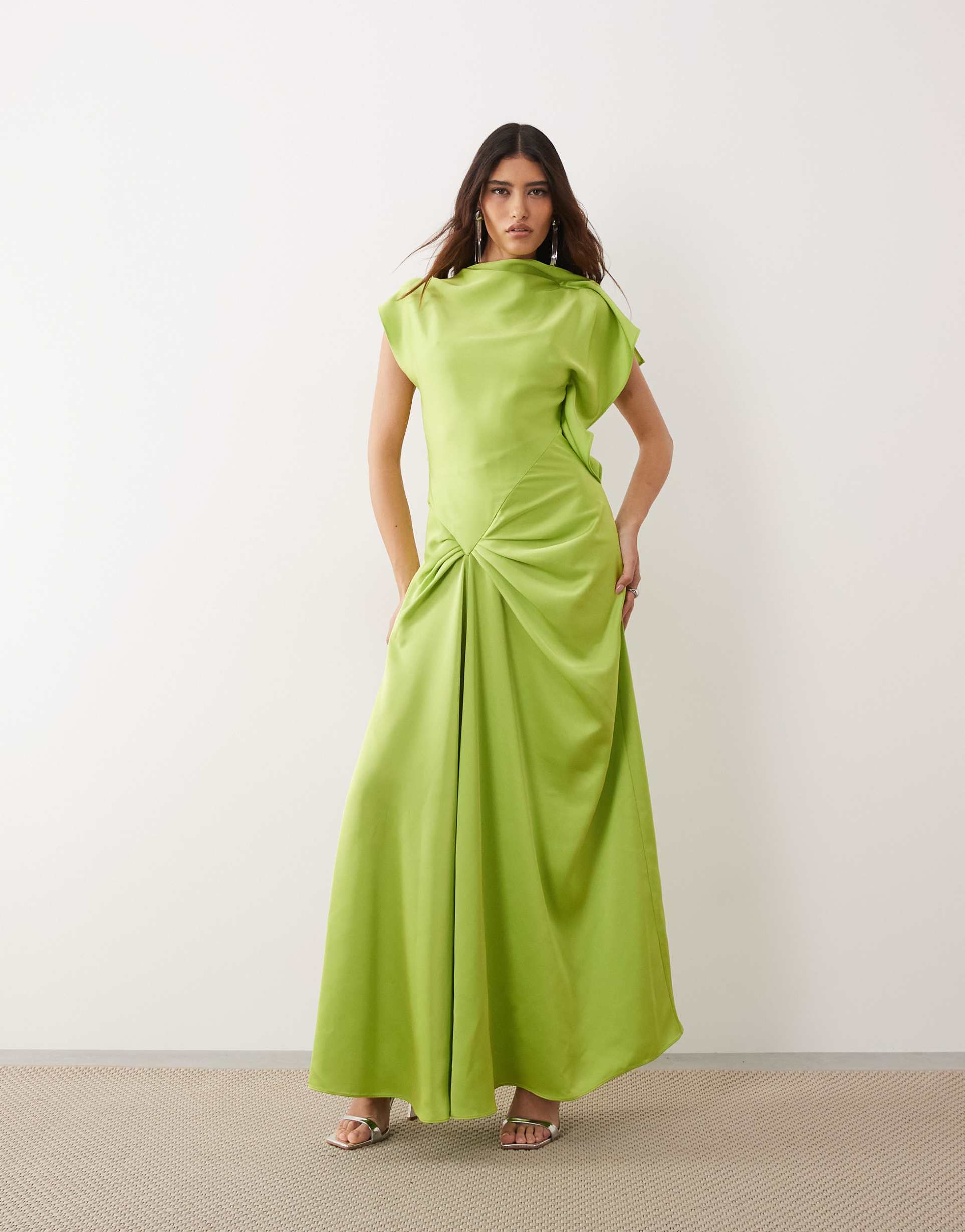 arrange split shoulder draped maxi dress in lime green