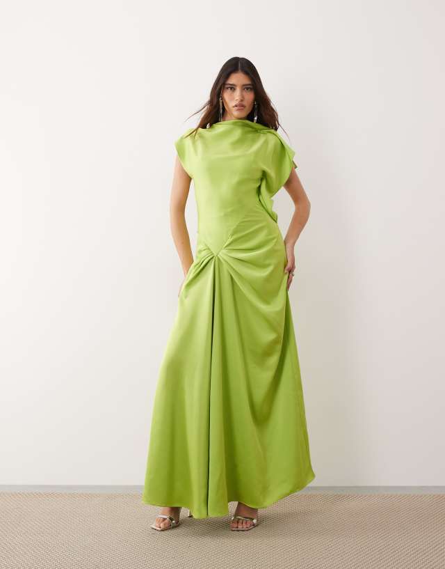 green dress with split ARRANGE shoulder draped maxi in lime casual dark green dress