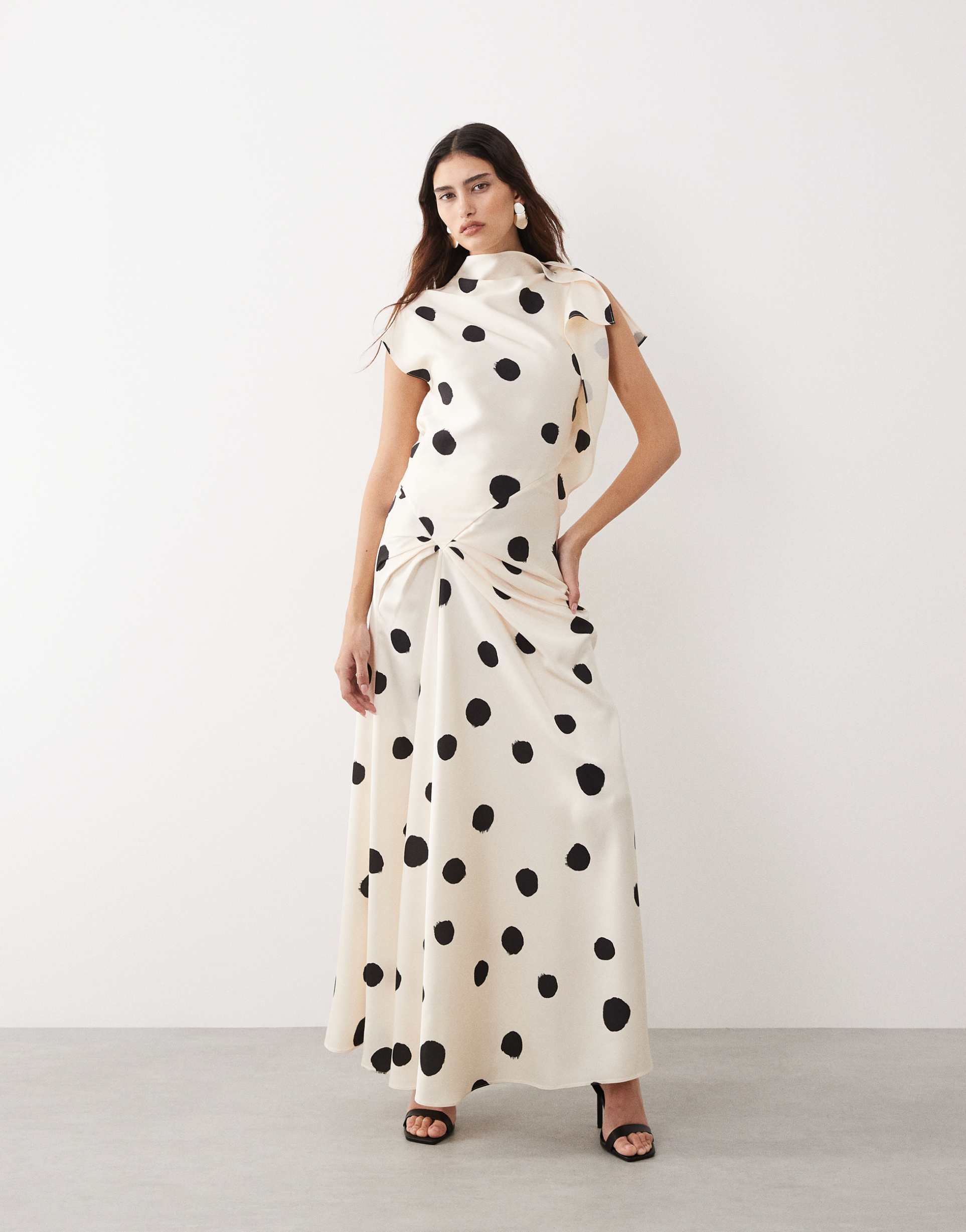 arrange split shoulder draped maxi dress in polka-dot print