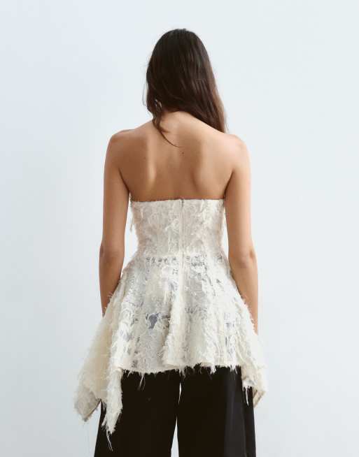 ARRANGE square cut longline peplum bandeau top in textured jacquard, 3 of 4