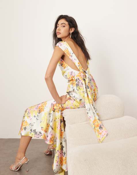 ARRANGE square cut slip midi dress with back trim detail in distorted floral print - view 1