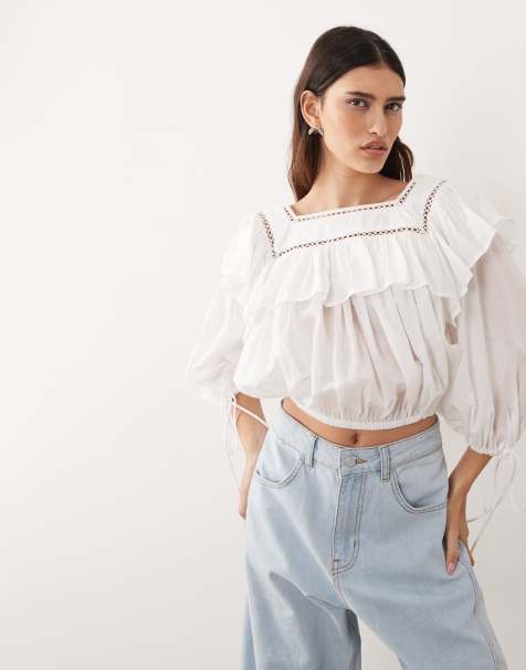 ARRANGE square neck cutwork blouson top with frill detail in white - view 1