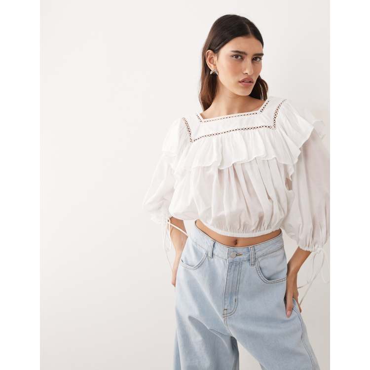 ARRANGE square neck cutwork blouson top with frill detail in white