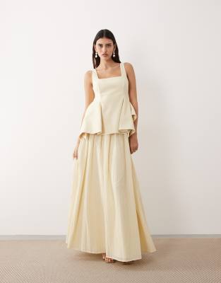 Arrange Square Neck Maxi Dress With Linear Jacquard Skirt In Nude