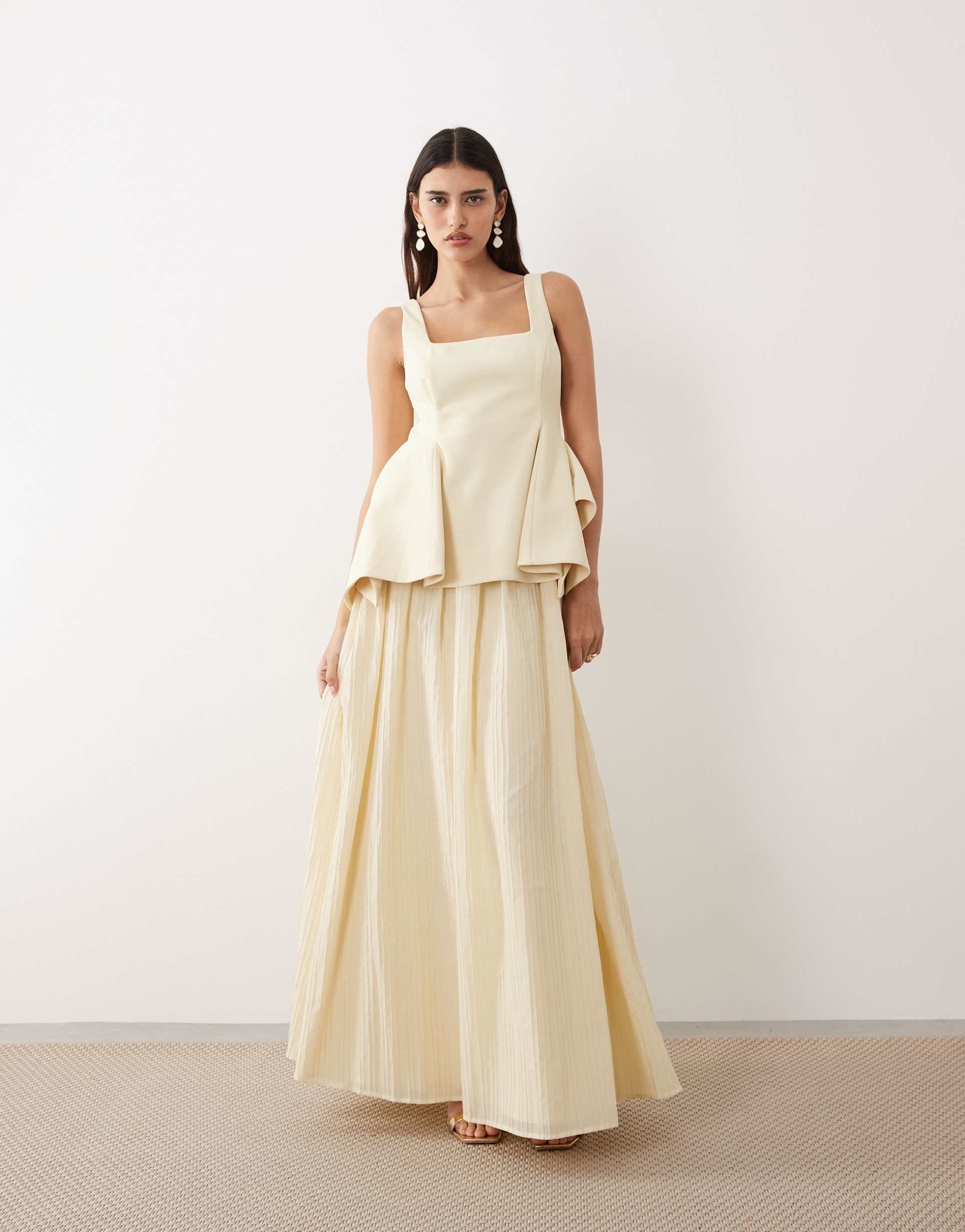 arrange square neck maxi dress with linear jacquard skirt in buttermilk