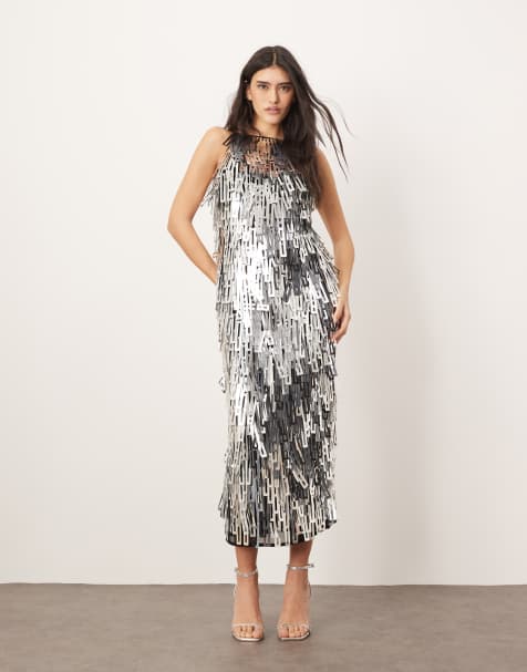 ARRANGE geo shard sequin low back column midi dress in silver