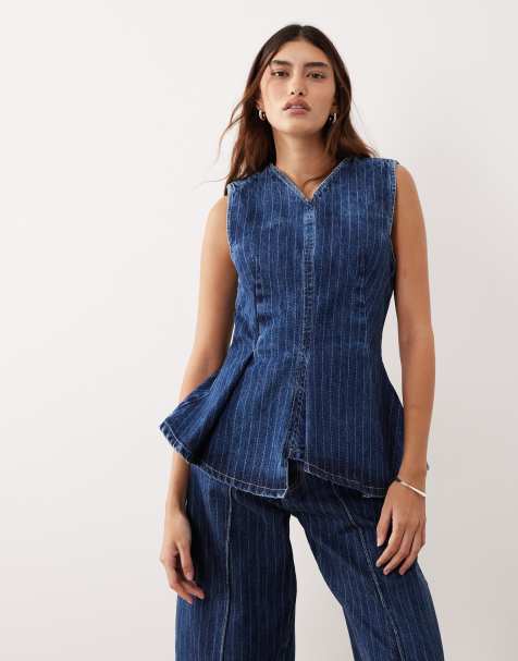 ARRANGE stitch denim pleated v neck top in washed blue stripe - part of a set - view 1