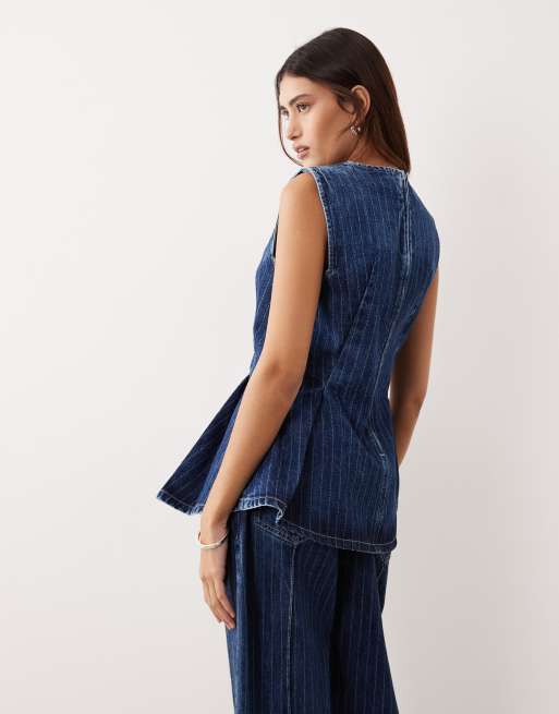 ARRANGE stitch stripe denim pleated v-neck top in washed blue stripe (part of a set), 3 of 4
